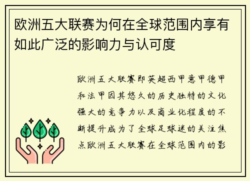 欧洲五大联赛为何在全球范围内享有如此广泛的影响力与认可度