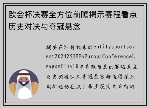 欧会杯决赛全方位前瞻揭示赛程看点历史对决与夺冠悬念