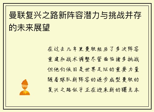 曼联复兴之路新阵容潜力与挑战并存的未来展望