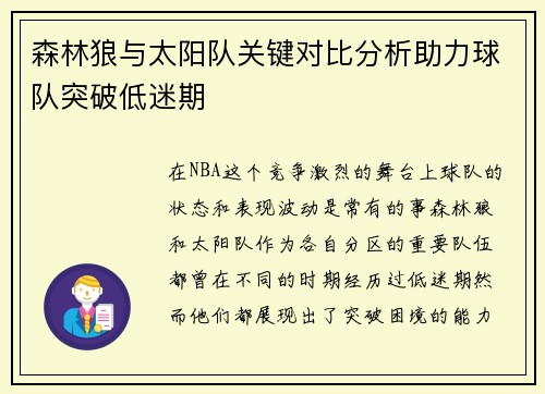 森林狼与太阳队关键对比分析助力球队突破低迷期